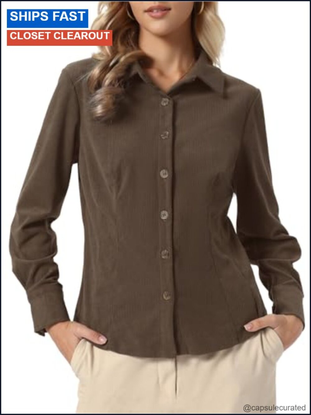 Corduroy Button Down Shirt Long Sleeve Mandarin Neck Relaxed Fit Casual